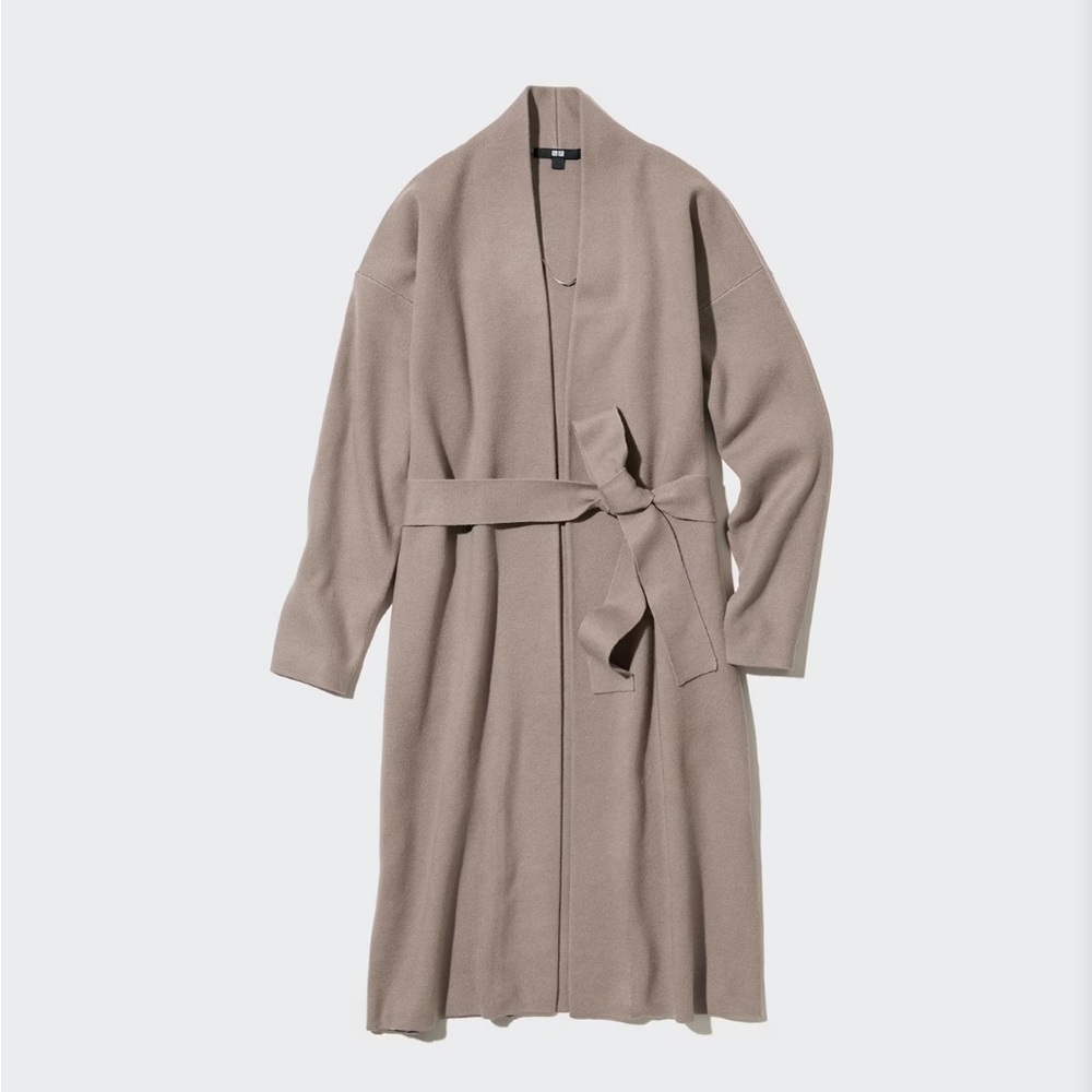 Souffle Yarn Belted Knitted Coat- Beige- Small